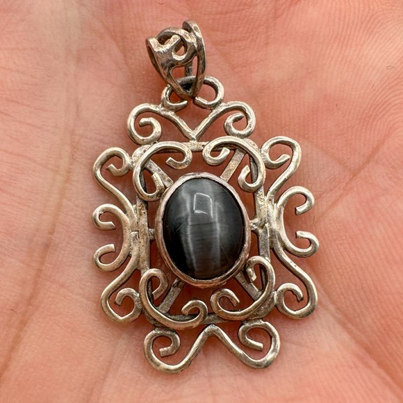 Vintage Sterling Silver 925 Gray Labradorite Filigree Pendant 90s Grunge Celtic - Picture 4 of 12